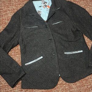 Women's Black Tweed Blazer with Light Blue Trim